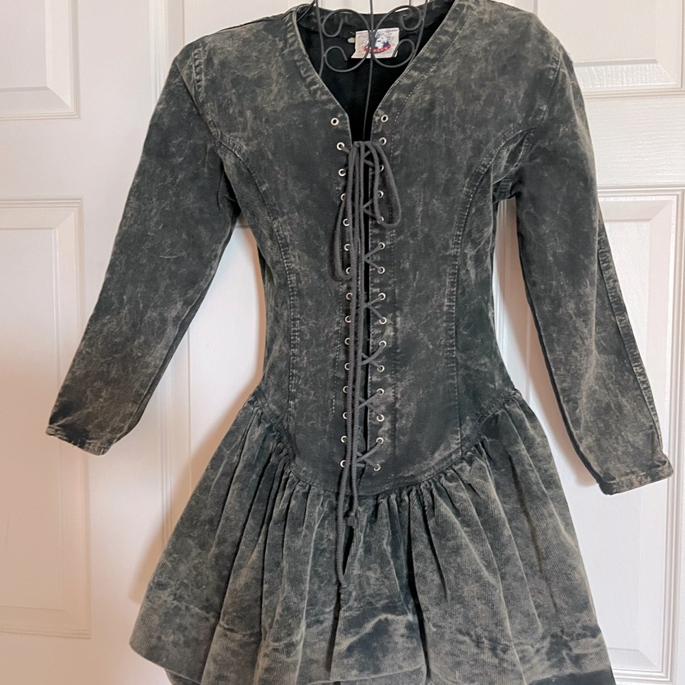 Petite Grey denim minidress 80s. Tie up front, sexy. Petite!